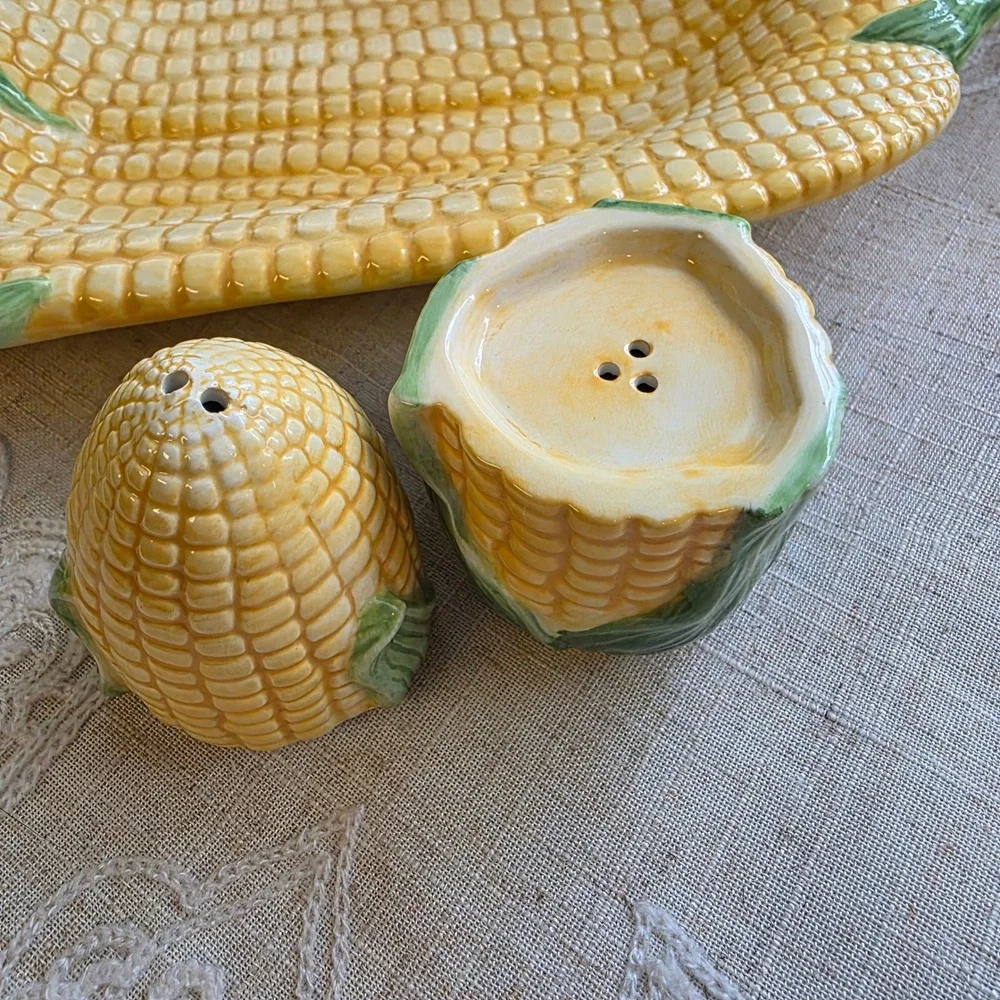 Bella Casa by GANZ Corn Serving Platter, Salt Pepper Set Yellow Green Ceramic 3D
